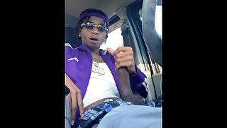 Big dick teen jack off his black cock in public and bust a big Cumshot all over the car seats