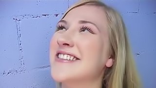 Pretty blonde shows her butt and sucks a gloryhole BBC