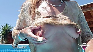 Nippleringlover Horny Milf See Through Wet Shirt In Pool Padlocks In Extreme Pierced Nipples