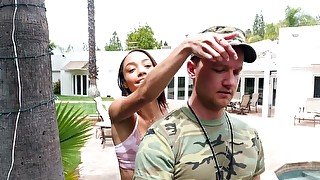 The soldier comes back and fucks the petite Alexis Tae