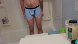 Desperate Young Man Boxer Pissing in Shower