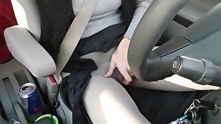 Masturbation in car, pantyhose have a hole