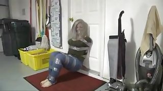 Taped up girl hops around house