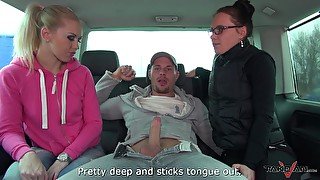 Slutty babes Wendy and Linda share a cock and a cumshot in a car