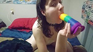 Riding THICK Rainbow Dildo while Moaning