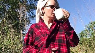 Amateur MILF drinks morning coffee and oils her nice Big Tits areolas nips