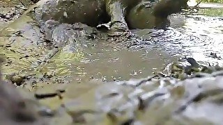 NUDE MAN PLAYING IN MUD HOLE