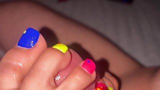 Sexy cute neon toes teasing a wet cock