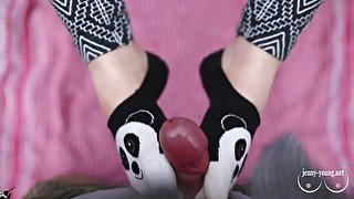 Fast blowjob and footjob in the spring forest with pinkhair girl