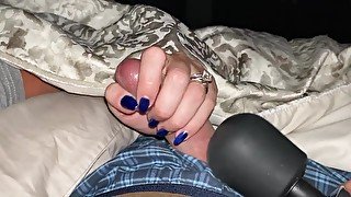 Teasing and edging him with a sensual handjob to completion. Bright blue fingernails on cock