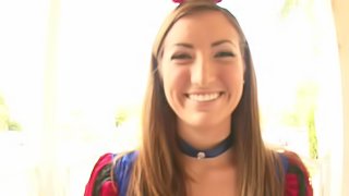 Finest brunette in a colorful costume rides the dick with a smile