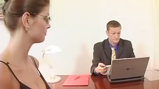 Talented secretary in striped stockings fucks her boss