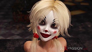 Joker bangs rough a cute sexy blonde in a clown mask in the abandoned room