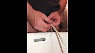 Pissing Through a Hollow Sound (clear plastic straw) - Sounding Pee Hole Play, pissing into the sink