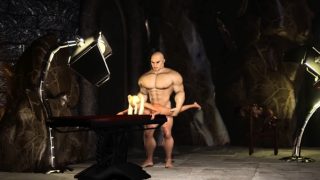 Big hercules plays with a young blonde in the dungeon