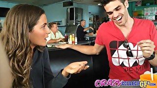 Molly Jane sucks her boyfriends cock in a public restaurant