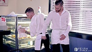 Gay waiters in a food fetish doggy fuck after work