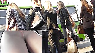 Sexy hose upskirt on bus stop