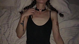 Night sex with cute girlfriend in a black bodysuit with a hole