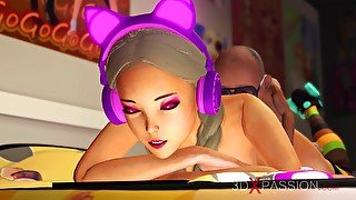 Cute teenage gamer girl with headphones gets fucked by a midget pervert in the living room