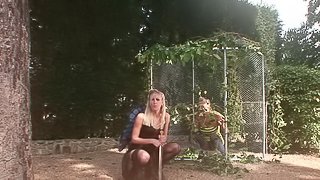 Gorgeous blonde with a hot body enjoying a hardcore gangbang in her garden