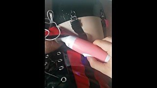 Cock vibrator toy teasing with contractions orgasm in latex rubber clothes