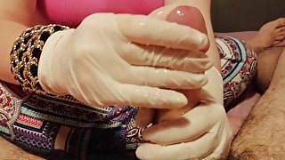 8 Months Pregnant Hotwife Gives a White Latex Gloved Handjob