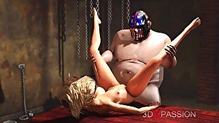 Sex slave young woman gets fucked by a masked man in the basement