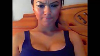 Beautiful gorgeous huge breasted brunette babe riding sex toy