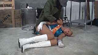 Cute teenie blond superheroine is disrobed fingered and fucked