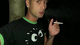 Smoking while jerking and cumming outdoor in the dark night