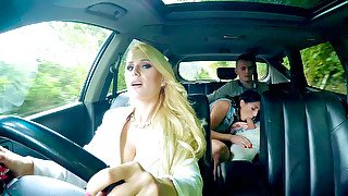 Jimena Lago gives him a sneaky blowjob as his stepmom Angel Wicky driving them