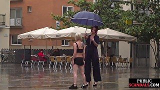 Lezdom redhead MILF shows teen 18+ bondservant outdoor in public