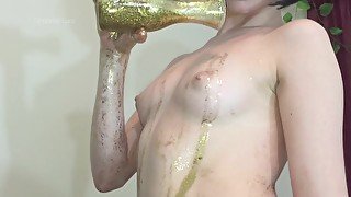 Oiled golden glitter tits HD oil caress jiggling small boobs puffy nipples