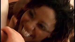 Black chick in body stocking double fucked by white guys