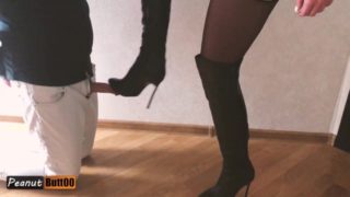 Mistress teasing cock dominating and let her friend cum on her knee high boots