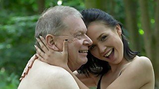 Lusty young brunette Ally Style opens her pussy for an old man