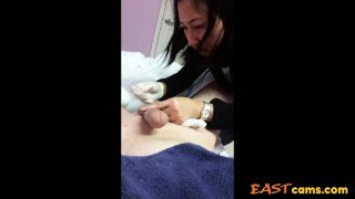 Asian lady waxing and massaging make dick cum