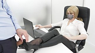 Office lady gives her colleague a footjob blowjob and rimjob! He cums on her gorgeous legs