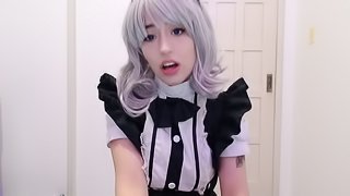 Maid cosplay girl sucking and begging to her boss