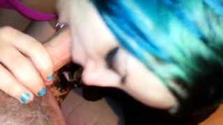 Blue haired babe deepthroats and swallows cum