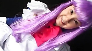 Japanese chick in costume giving head in POV and getting a load