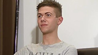 Young UK twink Lloyd Adams masturbates after an interview