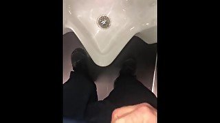 Public washroom masturbation and cum at the urinal