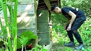 Perv farmer boy sucks and rides black dildo outdoor