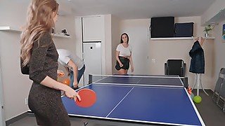 Samantha Sparkle tempts Kristof Cale in the table tennis room