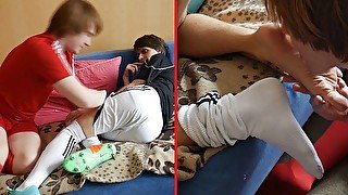 Young soccer guy footjob and feet worship