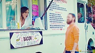 Shameless horny teen Alex Blake riding cock in hot dog stand