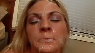 Blonde whore Sindy Lange sucks two cocks and gets a bukkake