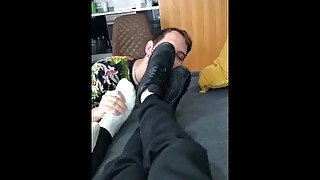 Slave worships two masters arm pits, feet and socks